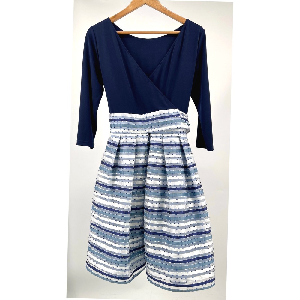 Sara Campbell Dress Womens 8 Blue Swiss Dot V Neck 3/4 Sleeve Fit Flare